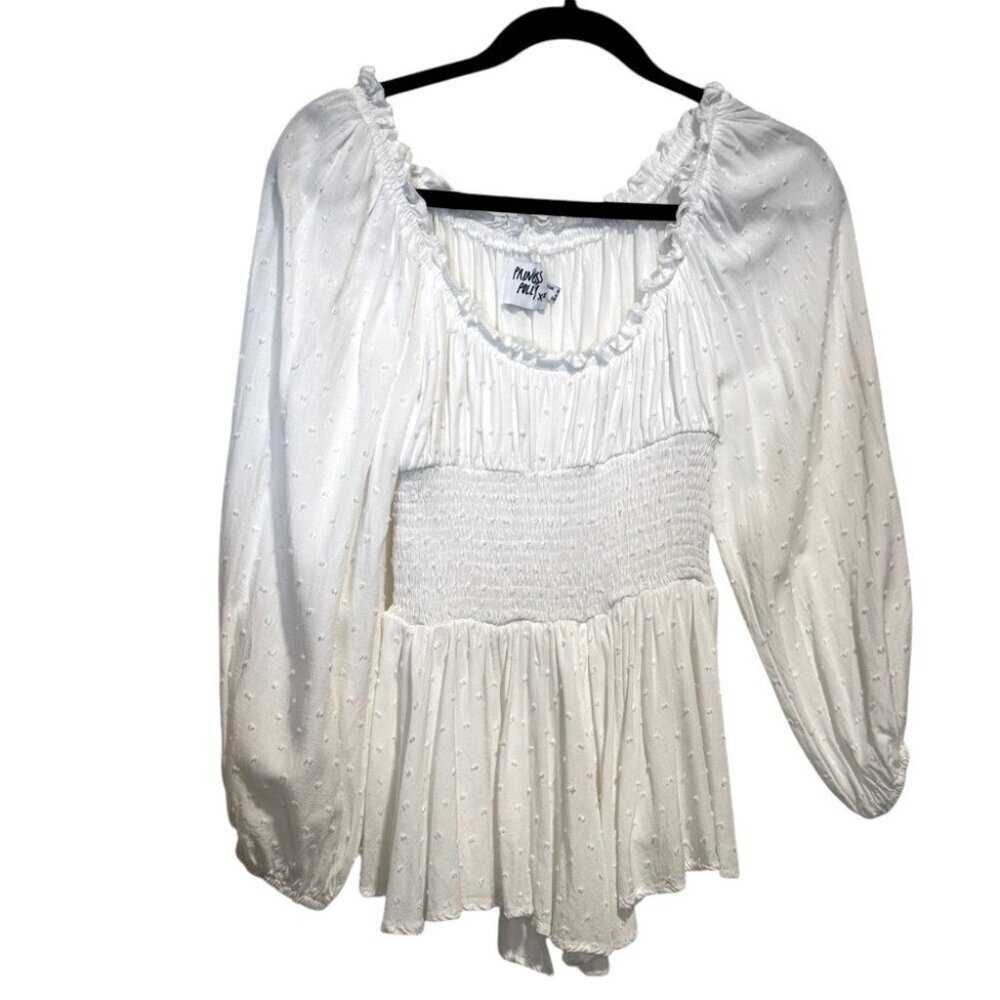 Princess Polly Off Shoulder White Smocked Peplum Balloon Sleeve Blouse Womens 4 - Picture 3 of 11